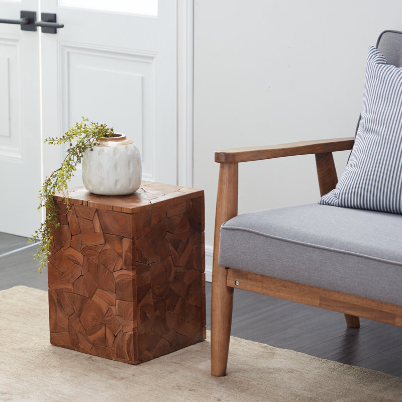Teak Wood Handmade Square Block Side End Brown Accent Table with Mosaic Wood Chip Design